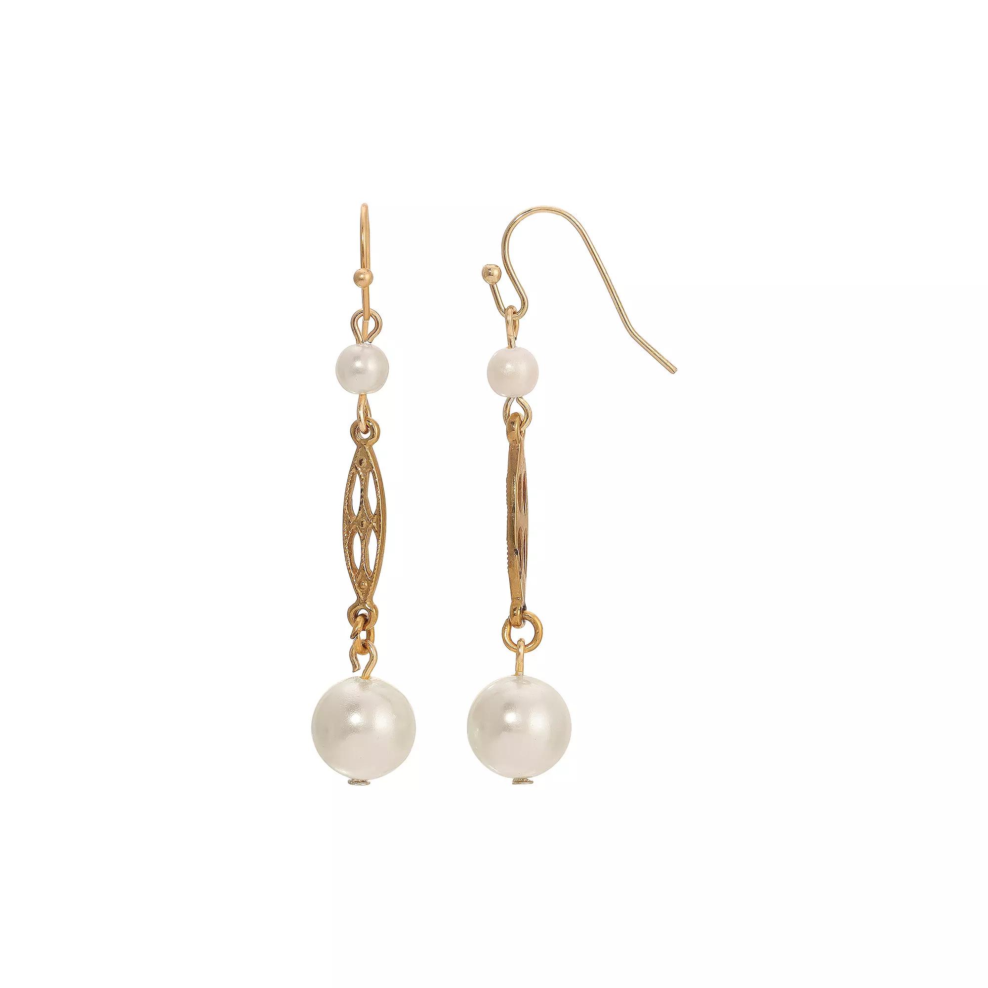 1928 Gold Tone Faux Pearl & Filigree Drop Wire Earrings, Womens, White Product Image
