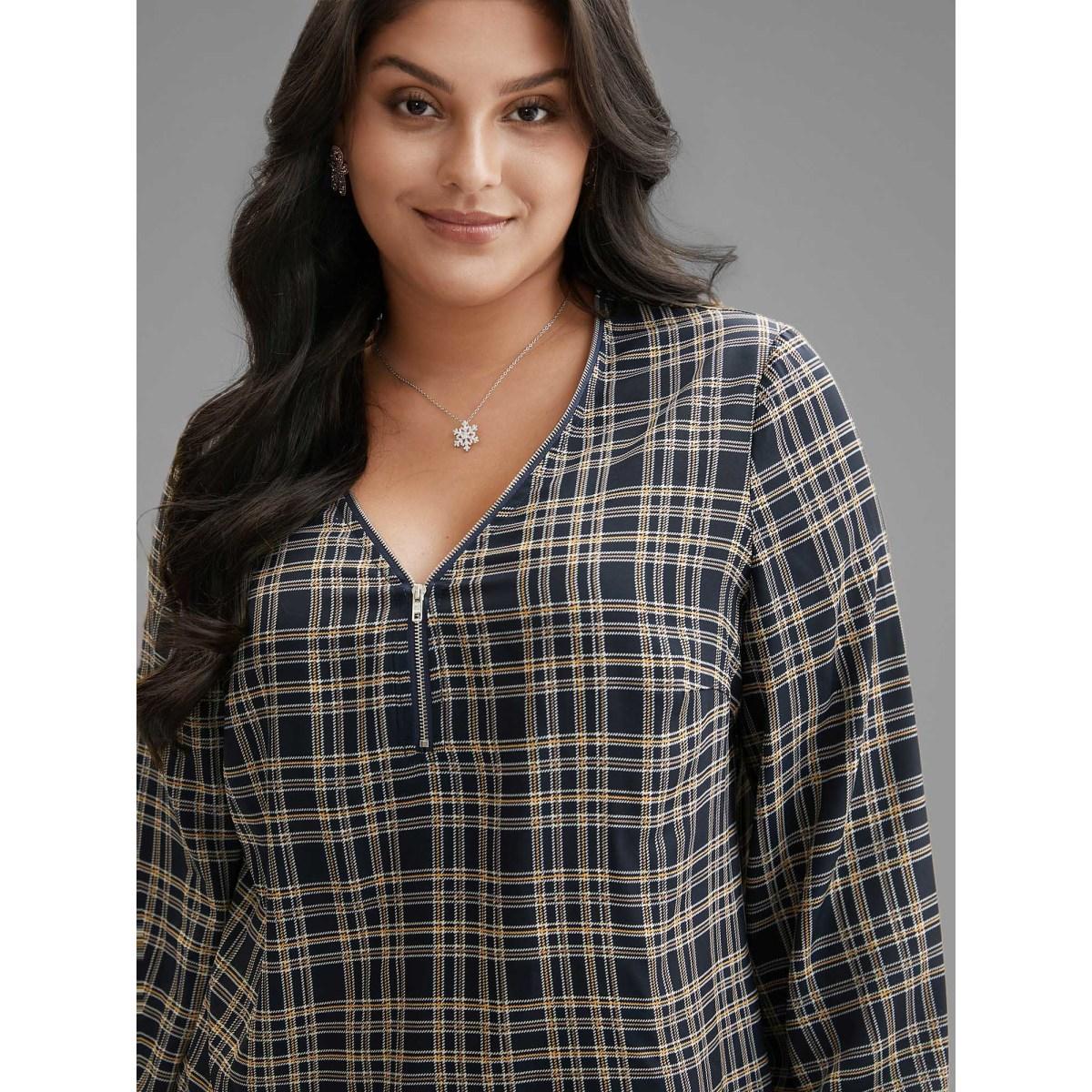 Plus Size Indigo Plaid Zipper Front Lantern Sleeve Blouse Women Timeless Long Sleeve V-neck Elegant Blouses BloomChic 18-20/2X Product Image