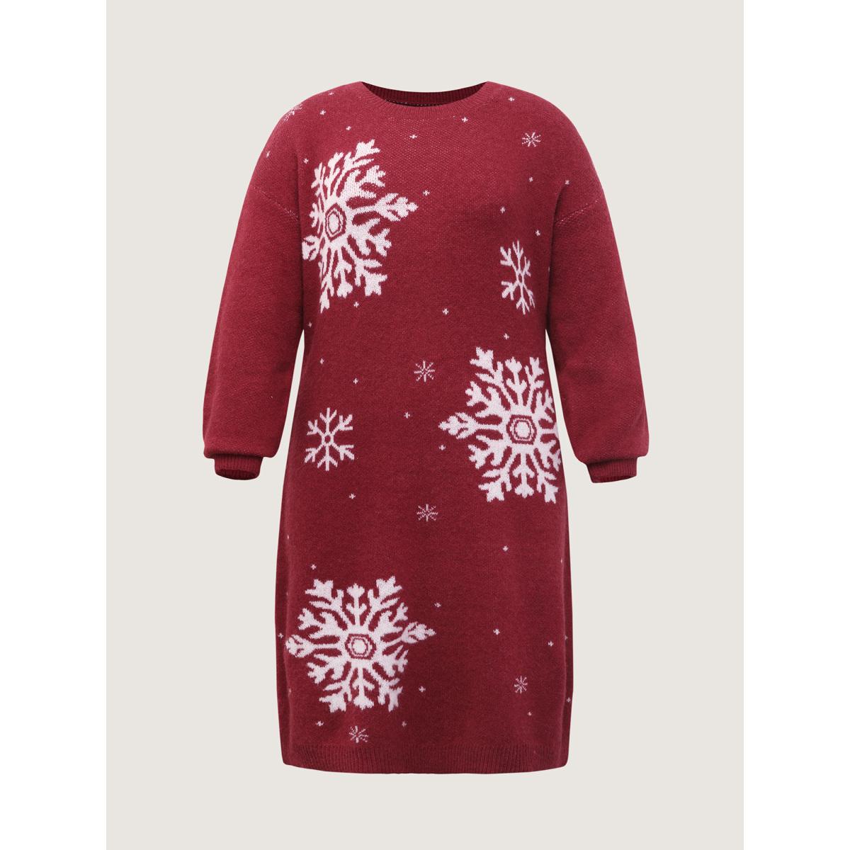 Plus Size Snowflake Pattern Drop Shoulder Sweater Dress Scarlet Women Leisure Loose Long Sleeve Casual Sweater Dresses BloomChic 18-20/2X Product Image