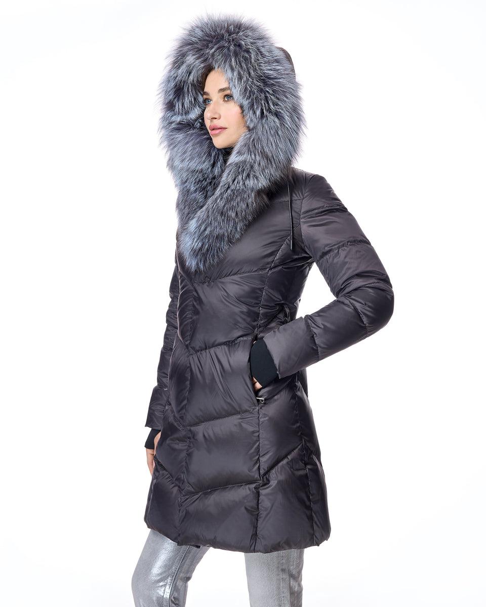 Julia & Stella Polyblend Jacket with Silver Fox Trimmed Hood Product Image