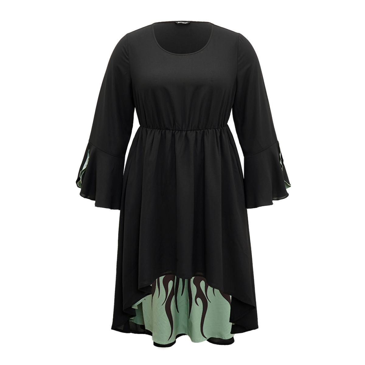 Plus Size Halloween Contrast Split Bell Sleeve High Low Hem Dress Navy Women Glamour Lined Round Neck Long Sleeve Curvy Midi Dress BloomChic 28/5X Product Image
