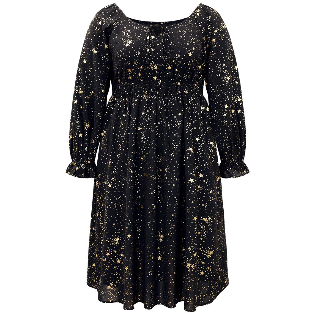 Plus Size Glitter Star Knot Neck Pocket Lantern Sleeve Dress Black Women Party Elastic cuffs Tie Neck Long Sleeve Curvy Midi Dress BloomChic 14-16/1X Product Image