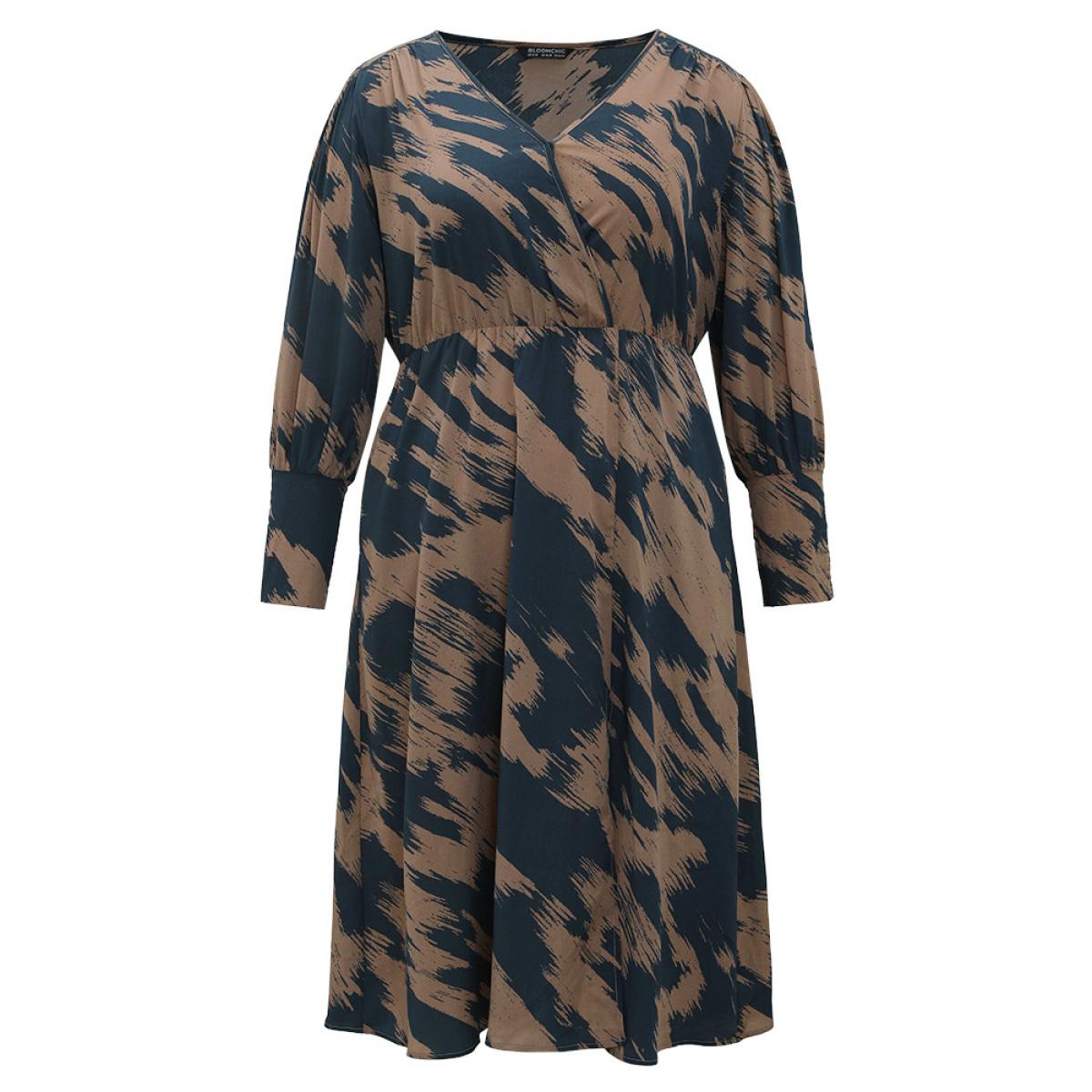 Plus Size Brush Print Elastic Waist Wrap Split Hem Dress Indigo Women At the Office Elastic Waist V-neck Long Sleeve Curvy Midi Dress BloomChic 30/6X Product Image
