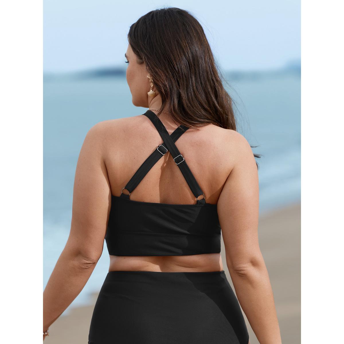 Plus Size Bust Knot-Tie Ruffle Trim Supportive Swim Top Women's Swimwear Black Resort Knotted High stretch Skinny Heart neckline Curve Swim Tops BloomChic 28/5X Product Image