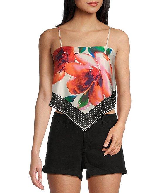 Honey & Sparkle Woven Large Floral Printed Satin Spaghetti Strap Hanky Hem Top Product Image