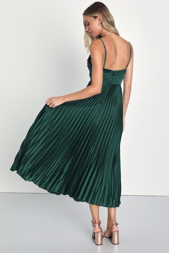 Fabulous Perfection Emerald Green Satin Pleated Midi Dress Product Image