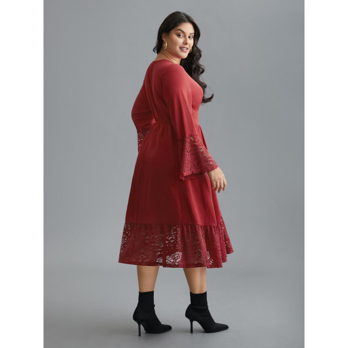 Plus Size Lace Tiered Skirt Elastic Waist V-Neck Dress Burgundy Women Elegant Woven ribbon&lace trim V-neck Long Sleeve Curvy BloomChic 26/4X Product Image