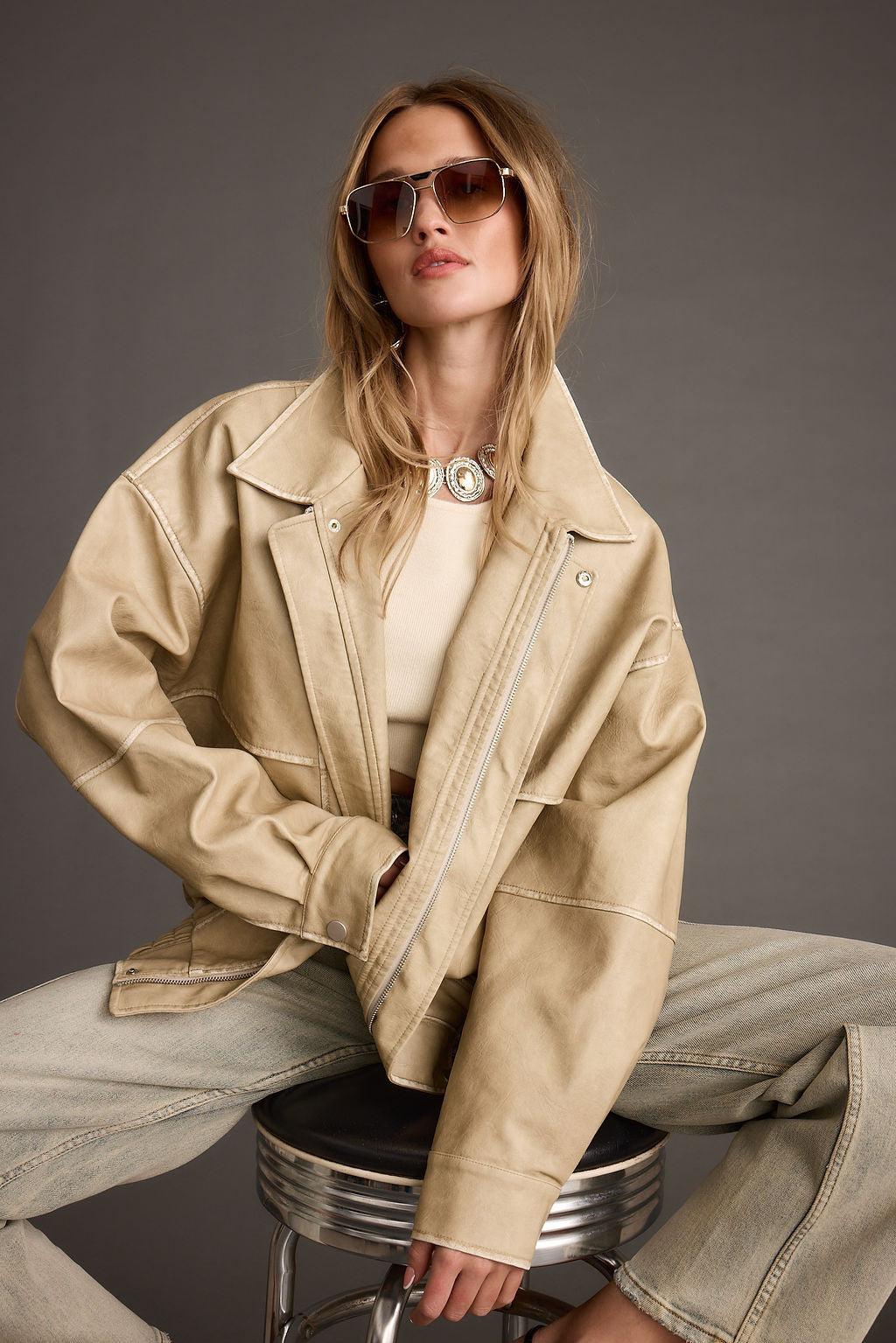 London Calling Light Taupe Oversized Faux Leather Jacket Product Image