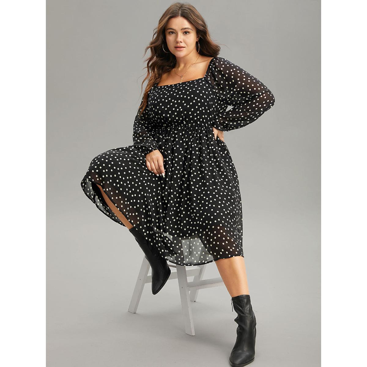 Plus Size Polka Dot Square Neck Gathered Lantern Sleeve Dress Black Women Casual Elastic cuffs Square Neck Long Sleeve Curvy Midi Dress BloomChic 12/L Product Image
