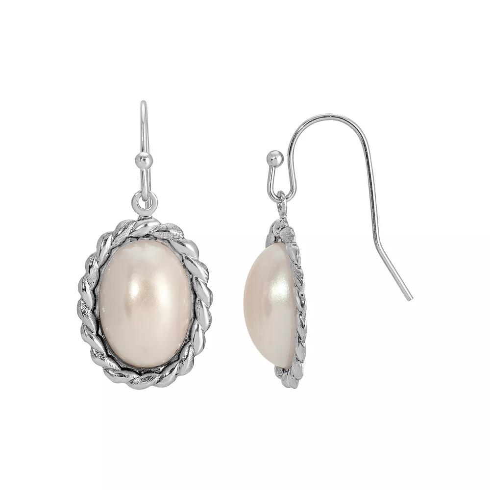 1928 Silver Tone Oval Simulated Pearl Drop Earrings, Women's, White Product Image