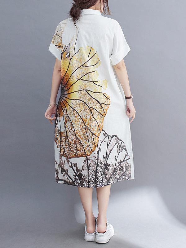 Artistic Retro Floral Printed Buttoned Lapel Collar Short Sleeves Midi Shirt Dress Product Image
