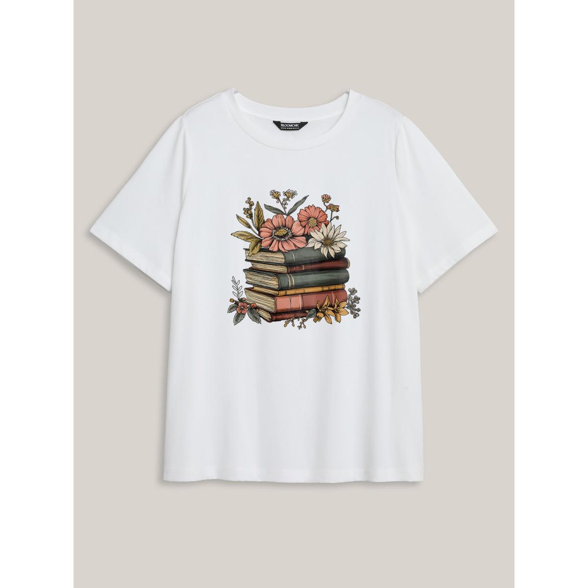 Plus Size Bookish Florals Print Round Neck T-Shirt Originalwhite Women Non Natural Flowers Round Neck Everyday-Casual T-shirts BloomChic 12/L Product Image