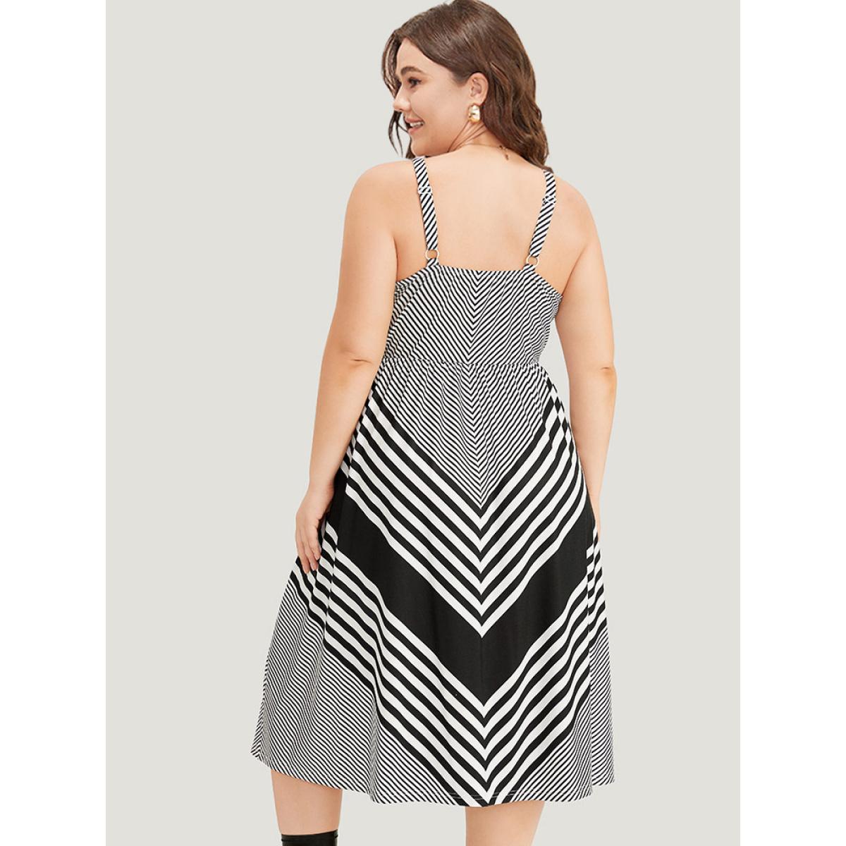 Plus Size Striped Patchwork Pocket Ties Flutter Hem Cami Dress Black Women Casual Adjustable Straps Spaghetti Strap Sleeveless Curvy Midi Dress BloomChic 18-20/2X Product Image