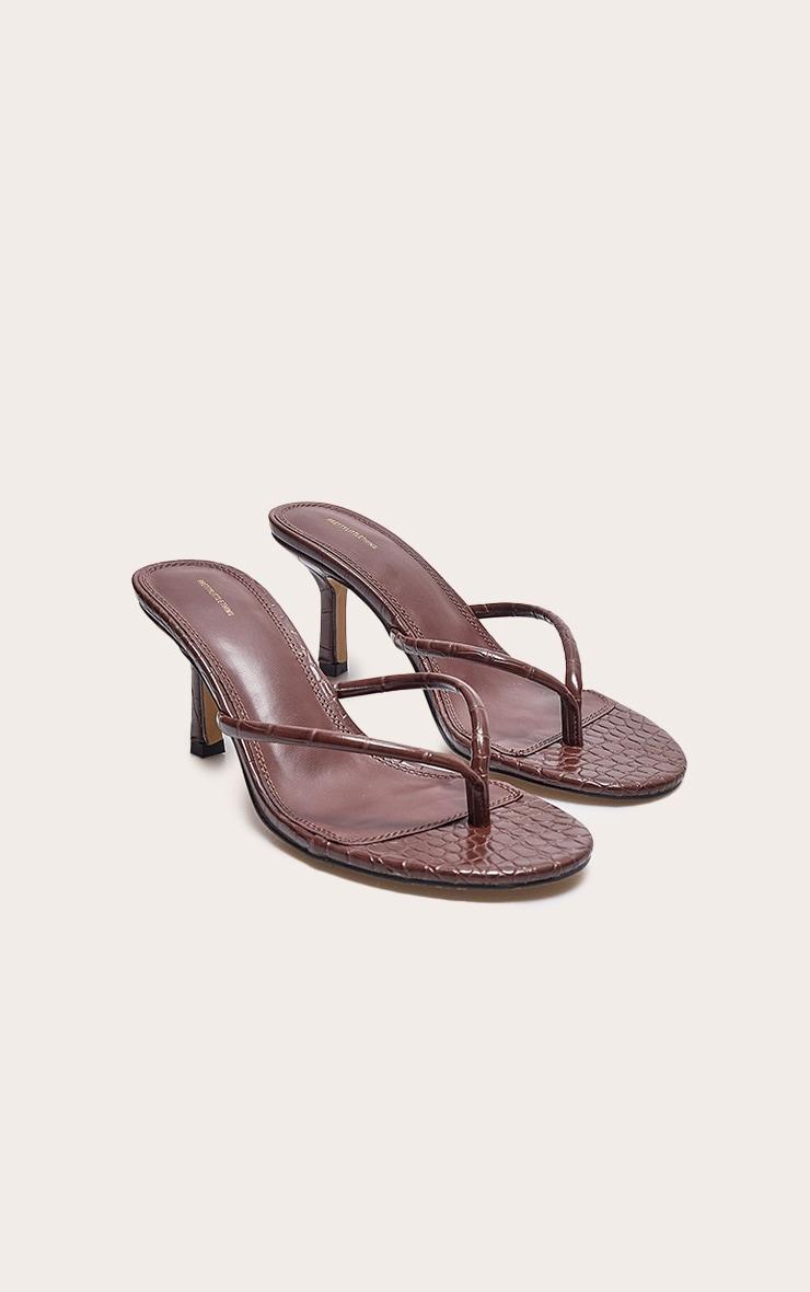 Brown Croc Pu Round Toe Thong Mid Heeled Mules Product Image