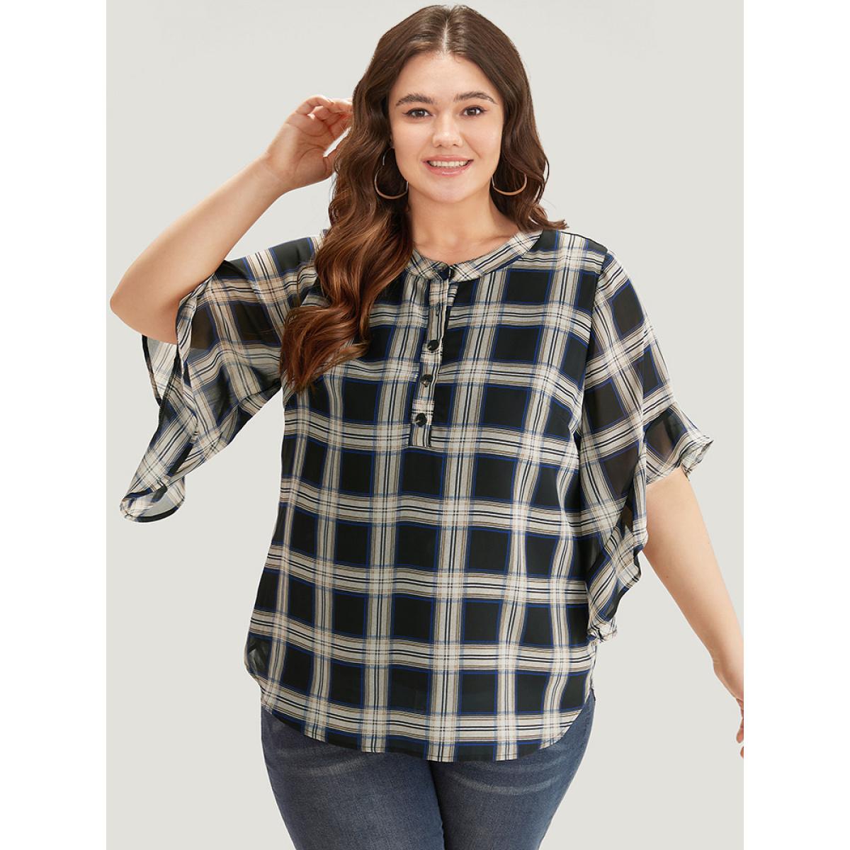 Plus Size Black Plaid Button Up Ruffles Bell Sleeve Blouse Women Office Half Sleeve Shirt collar Work Blouses BloomChic 14-16/1X Product Image