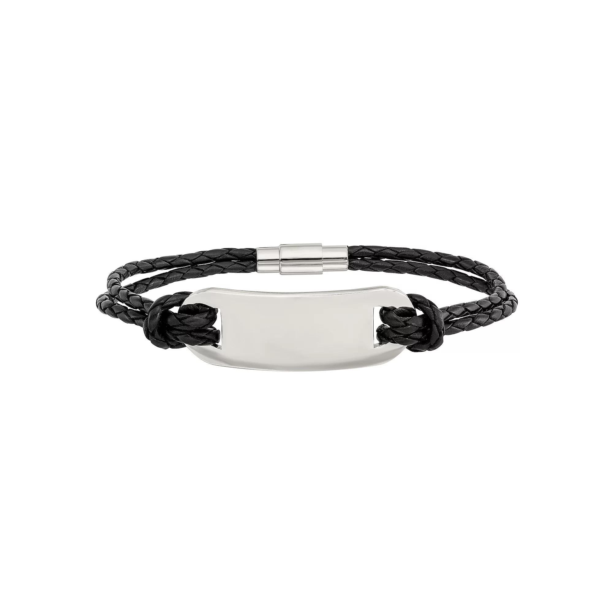 Men's Stainless Steel Woven Black Leather ID Bracelet Product Image