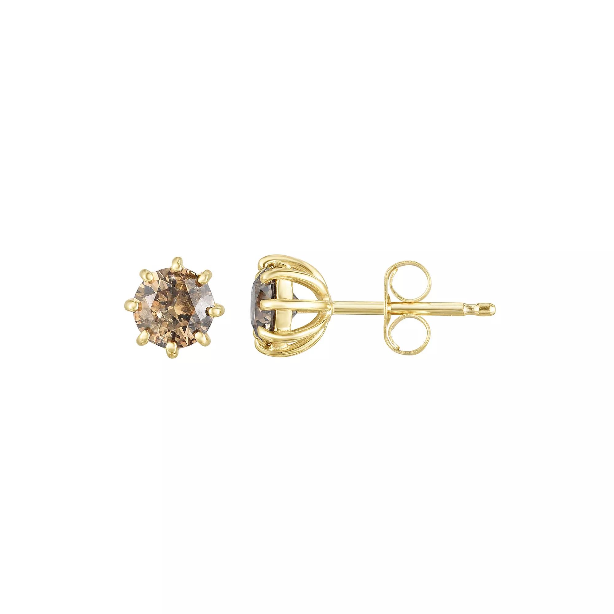 14k Gold 1 Carat T.W. Champagne Diamond Solitaire Stud Earrings, Womens Product Image