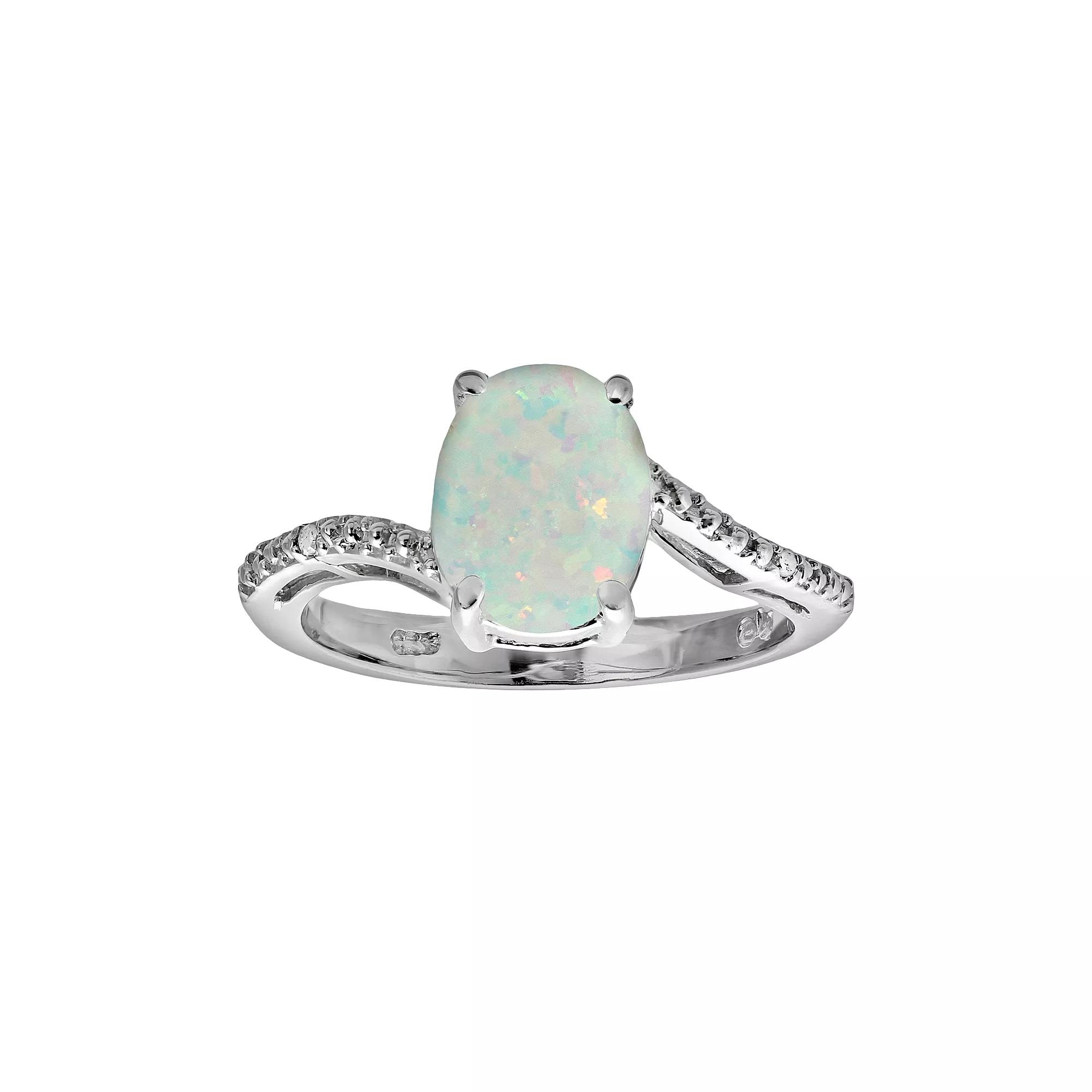 Gemminded Sterling Silver Lab-Created Opal and Diamond Accent Oval Ring, Women's, Size: 7, White Product Image