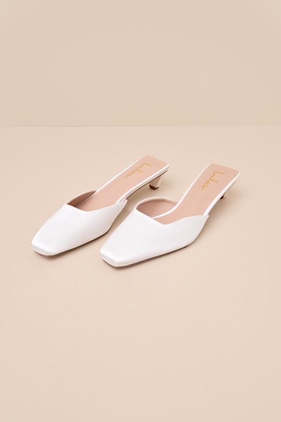 Auroette White Satin Kitten Heel Mule Pumps Product Image