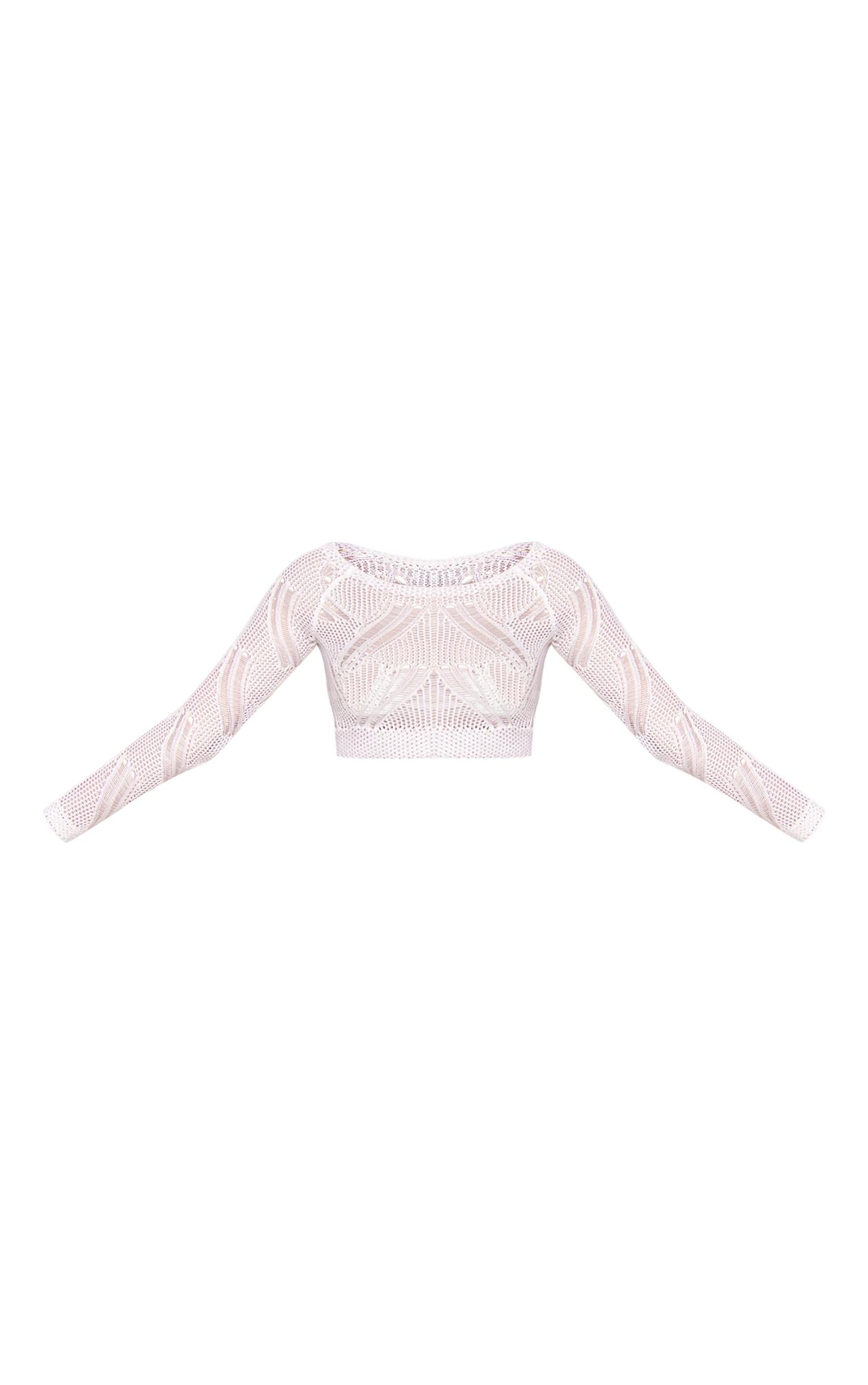 White Distressed Textured Knit Long Sleeve Crop Top Product Image