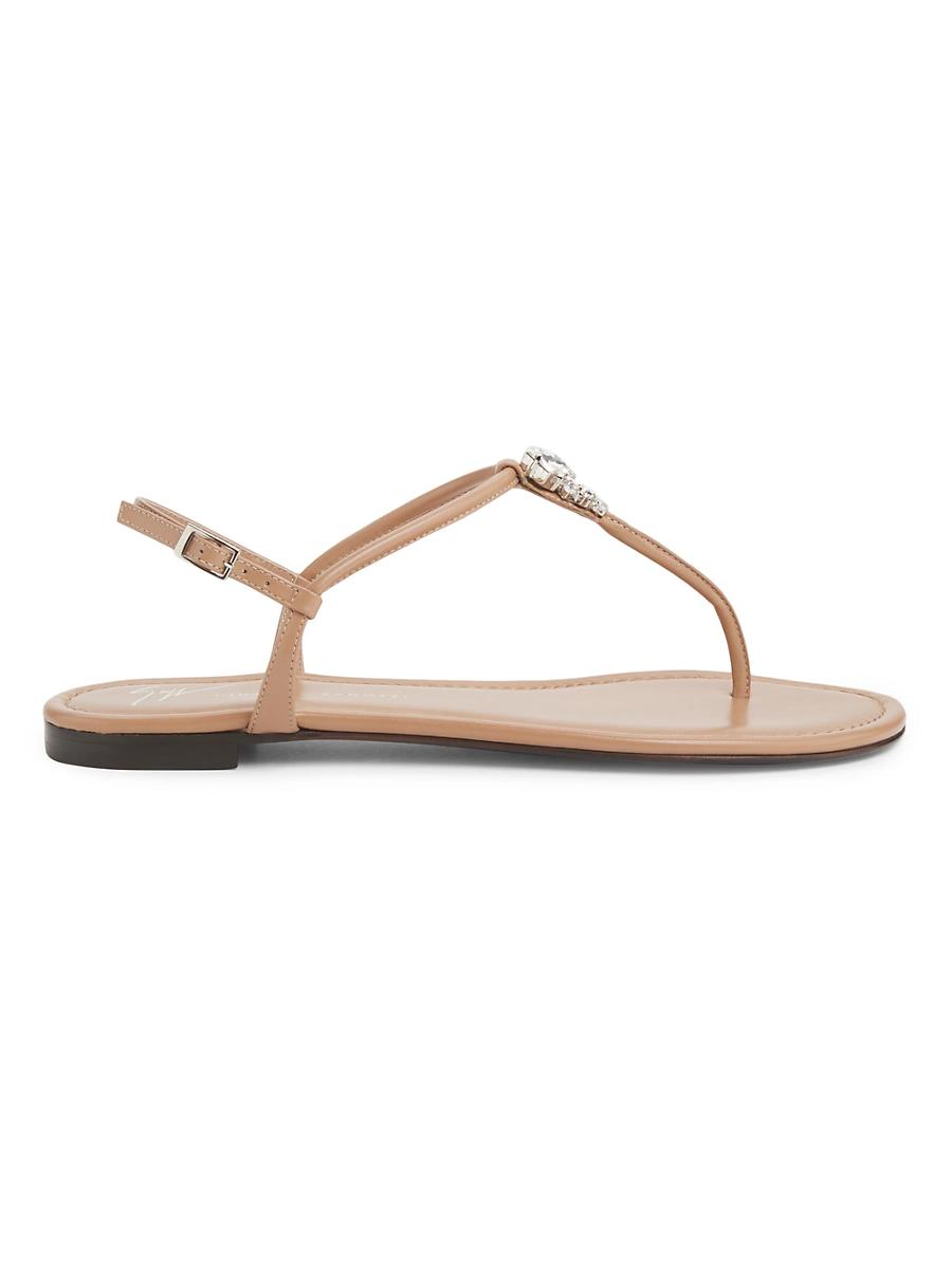 Womens Crystal-Embellished Leather T-Strap Sandals Product Image