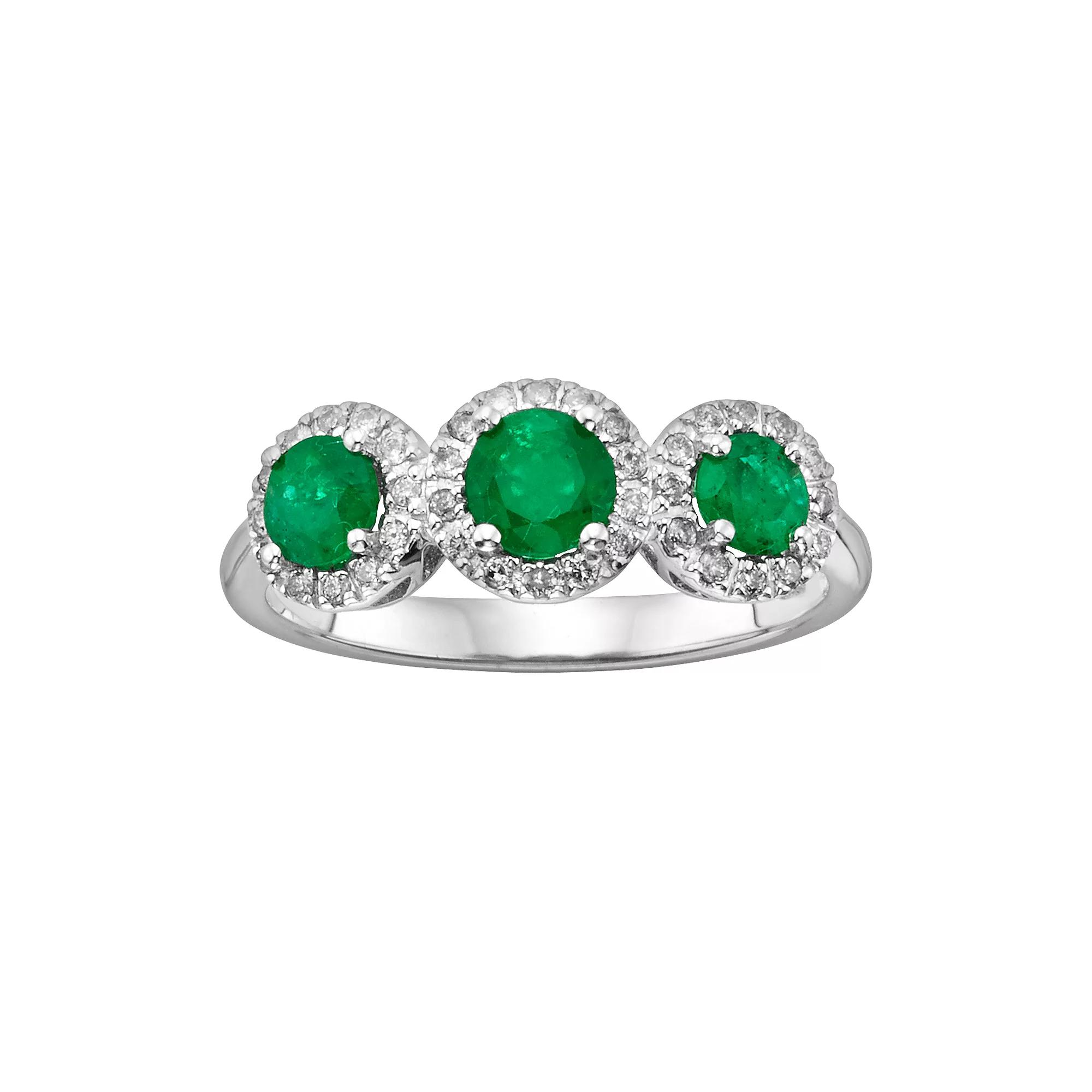 The Regal Collection 14k White Gold Genuine Emerald & 1/5-ct. T.W. IGL Certified Diamond 3-Stone Frame Ring, Womens Green Product Image
