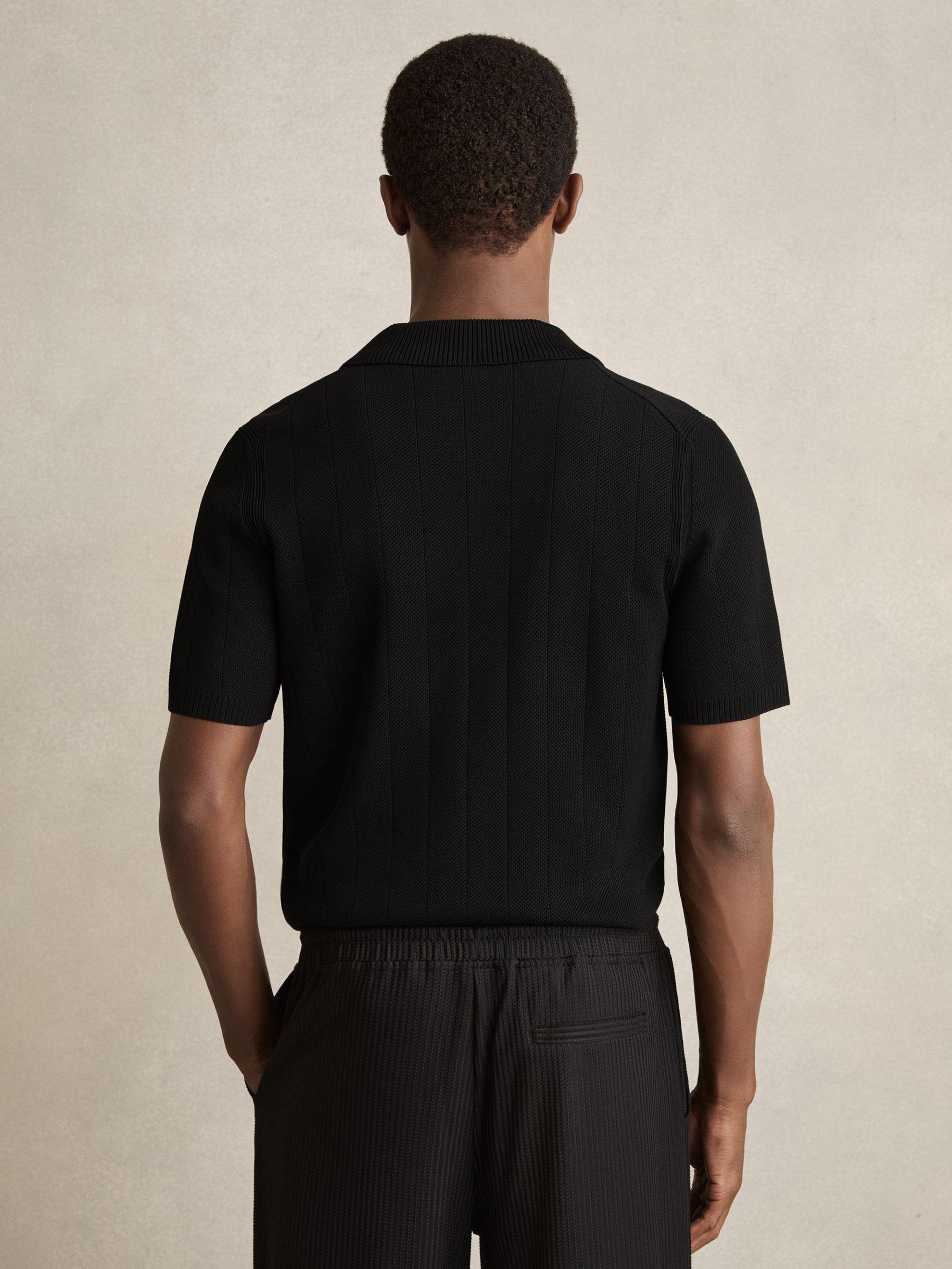 V-Neck Collar Textured-Knit Shirt in Black Product Image