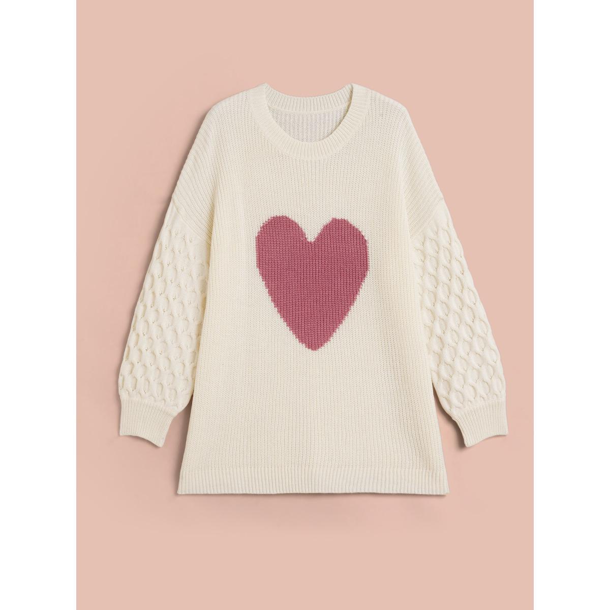 Plus Size Round Neck Heart Cable Knit Pullover Ivory Women Playful Loose Long Sleeve Round Neck Casual Pullovers BloomChic 28/5X Product Image