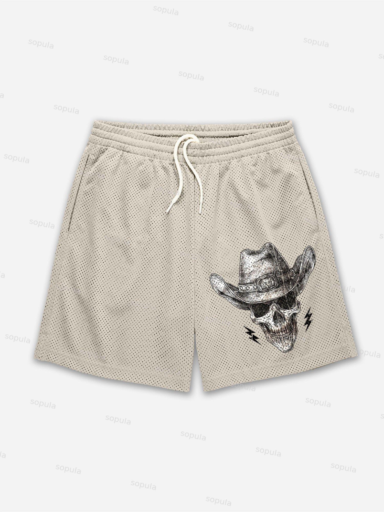 Vintage Skull Cowboy Graphic Mesh Shorts Product Image