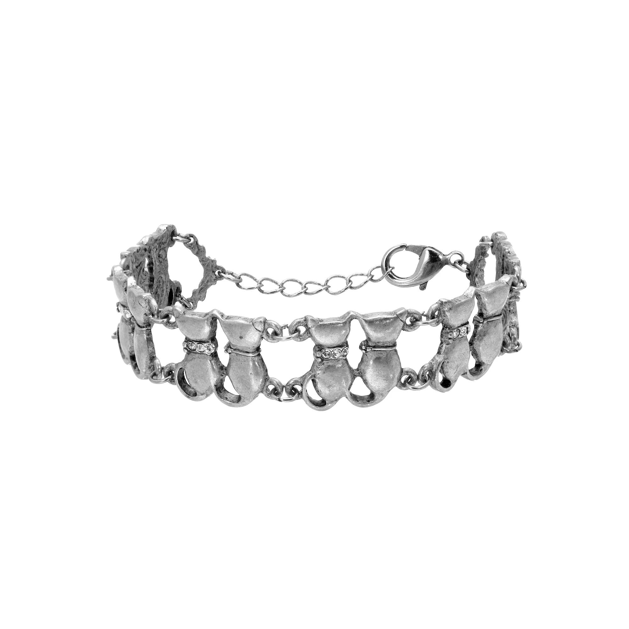 1928 Silver Tone Cat Chain Bracelet with Simulated Crystal Accents, Womens, Clear Product Image