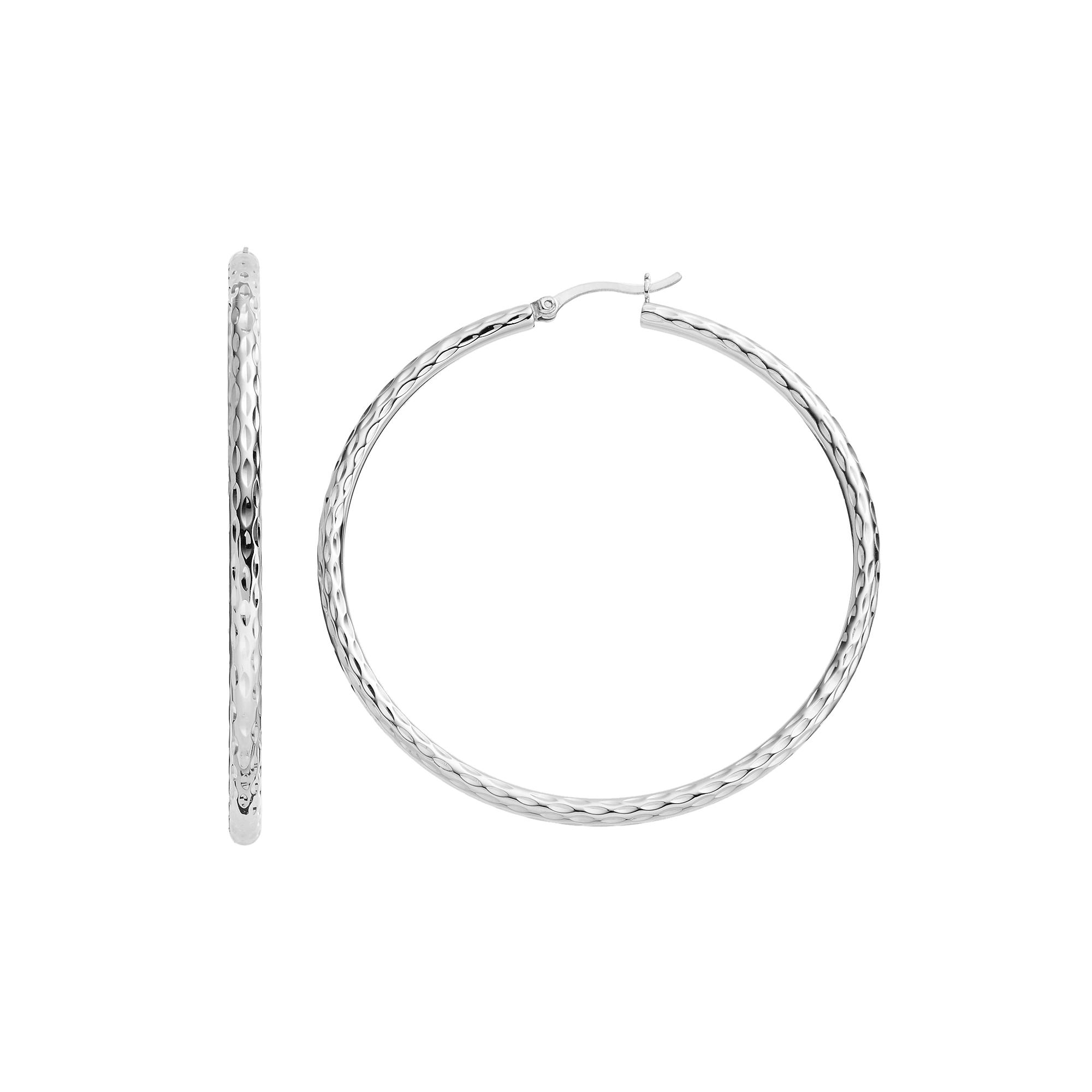 Platinum Over Silver Textured Hoop Earrings, Women's, Grey Product Image