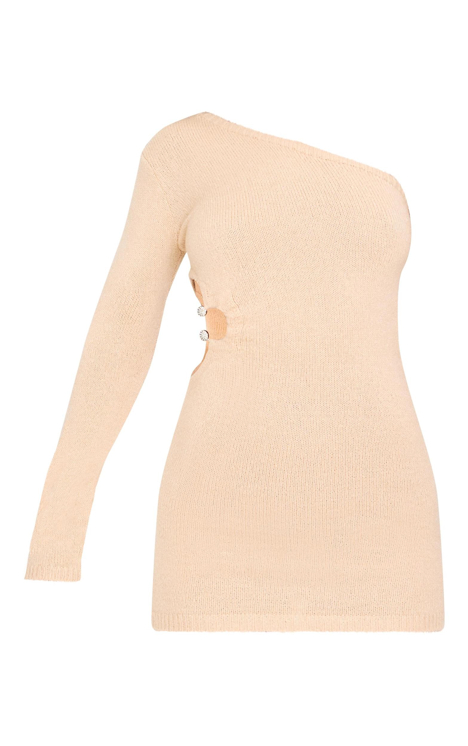 Oatmeal Soft Knit Trim Detail Cut Out One Shoulder Mini Dress Product Image
