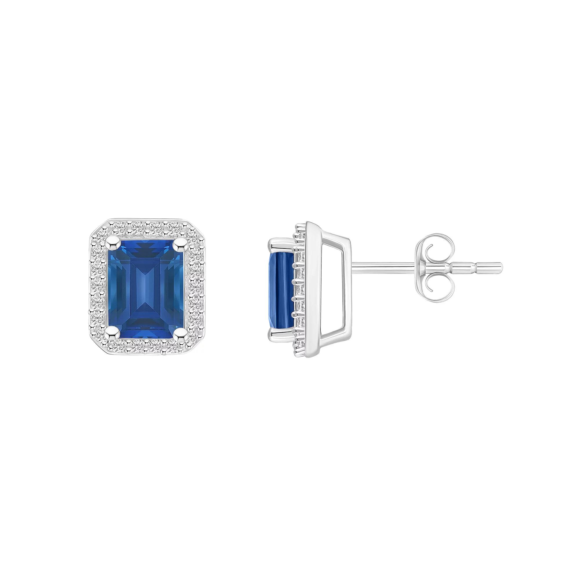 Celebration Gems 10k White Gold Emerald Cut Gemstone & Lab-Created White Sapphire Halo Stud Earrings, Women's, Created Blue Product Image