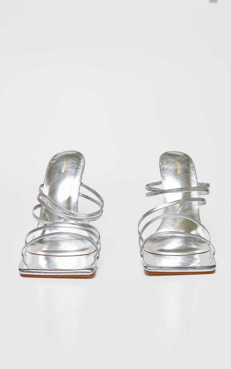 Silver PU Square Toe Multi Cross Strap Detail Mid Heeled Mules Product Image