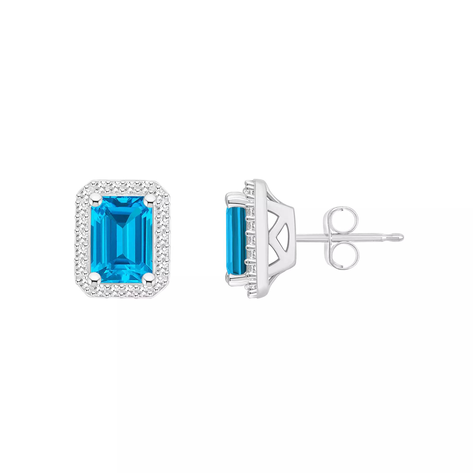 Celebration Gems Sterling Silver Gemstone & 1/5 Carat T.W. Diamond Halo Stud Earrings, Women's, Blue Topaz Product Image