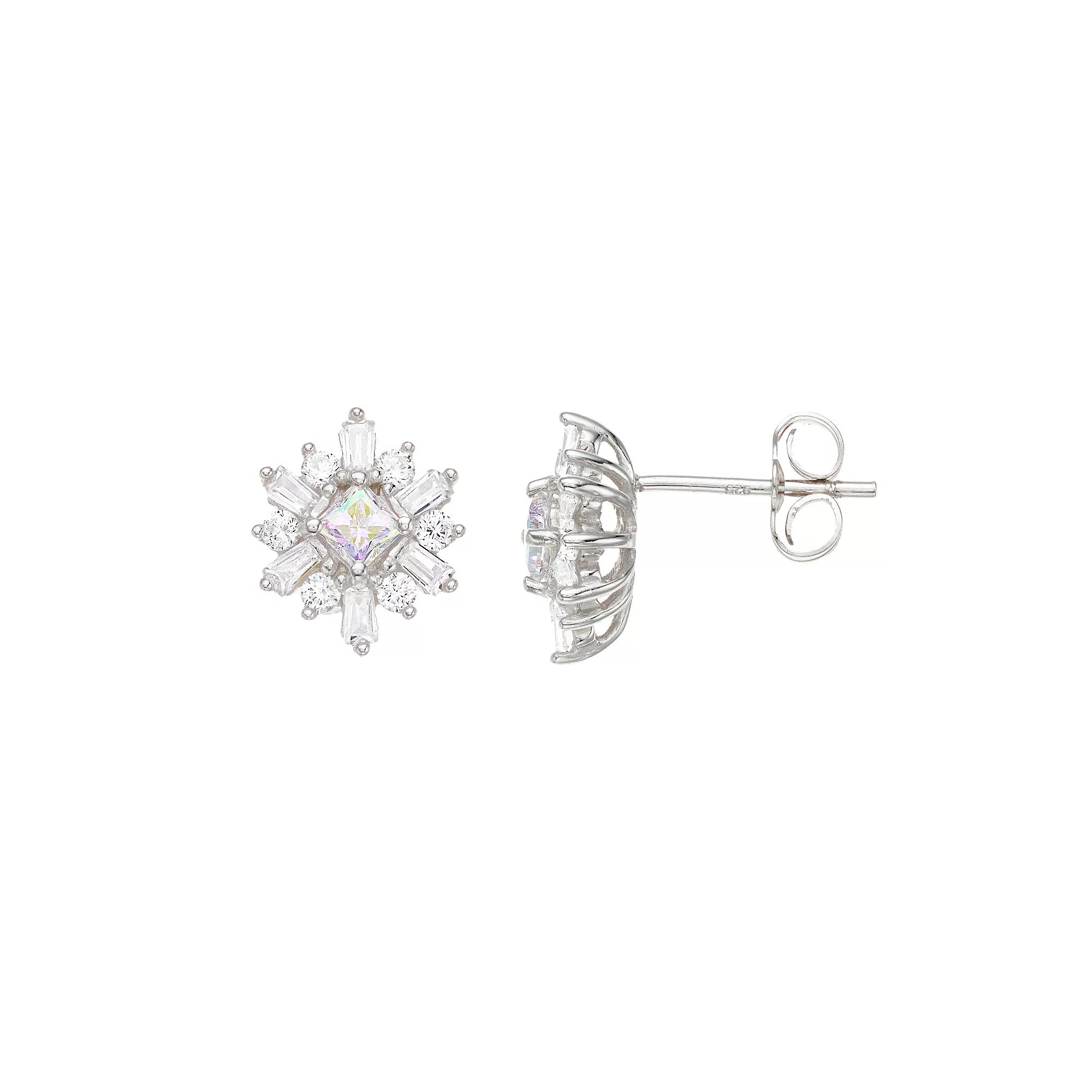 Sterling Silver Aurora Borealis & White Cubic Zirconia Snowflake Earrings, Women's Product Image