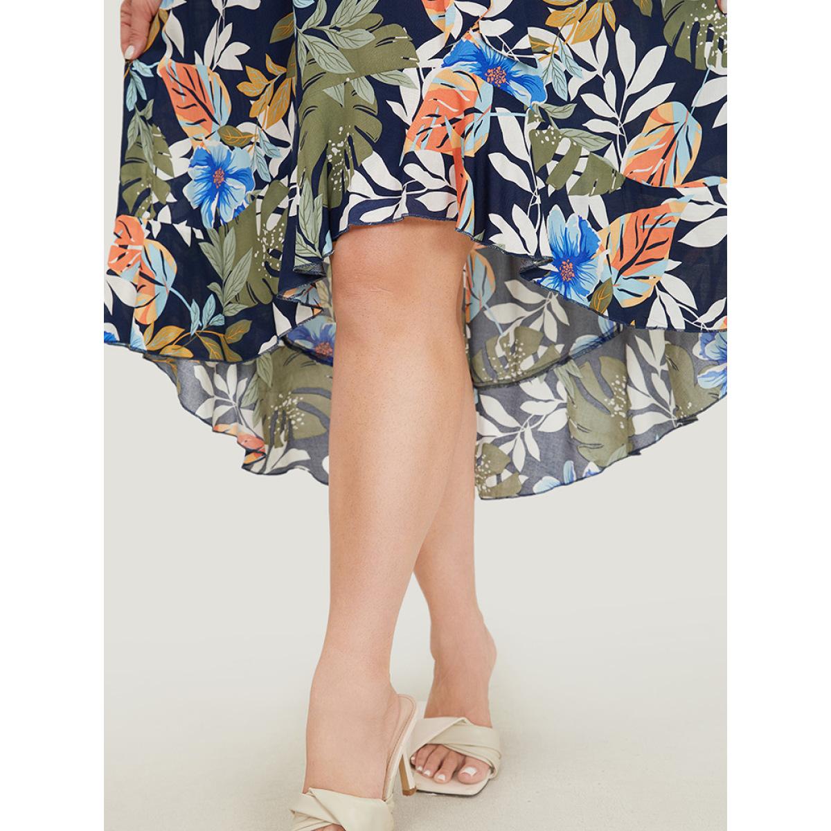 Plus Size Floral High Low Hem Pocket Ruffles Wrap Dress Indigo Women Elegant Wrap V-neck Short sleeve Curvy Midi Dress BloomChic 22-24/3X Product Image