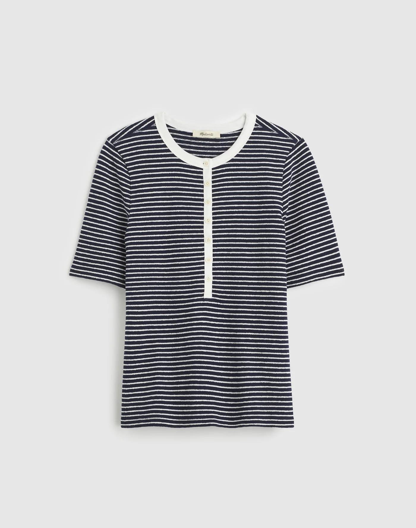 Striped Elbow-Sleeve Henley Tee Product Image