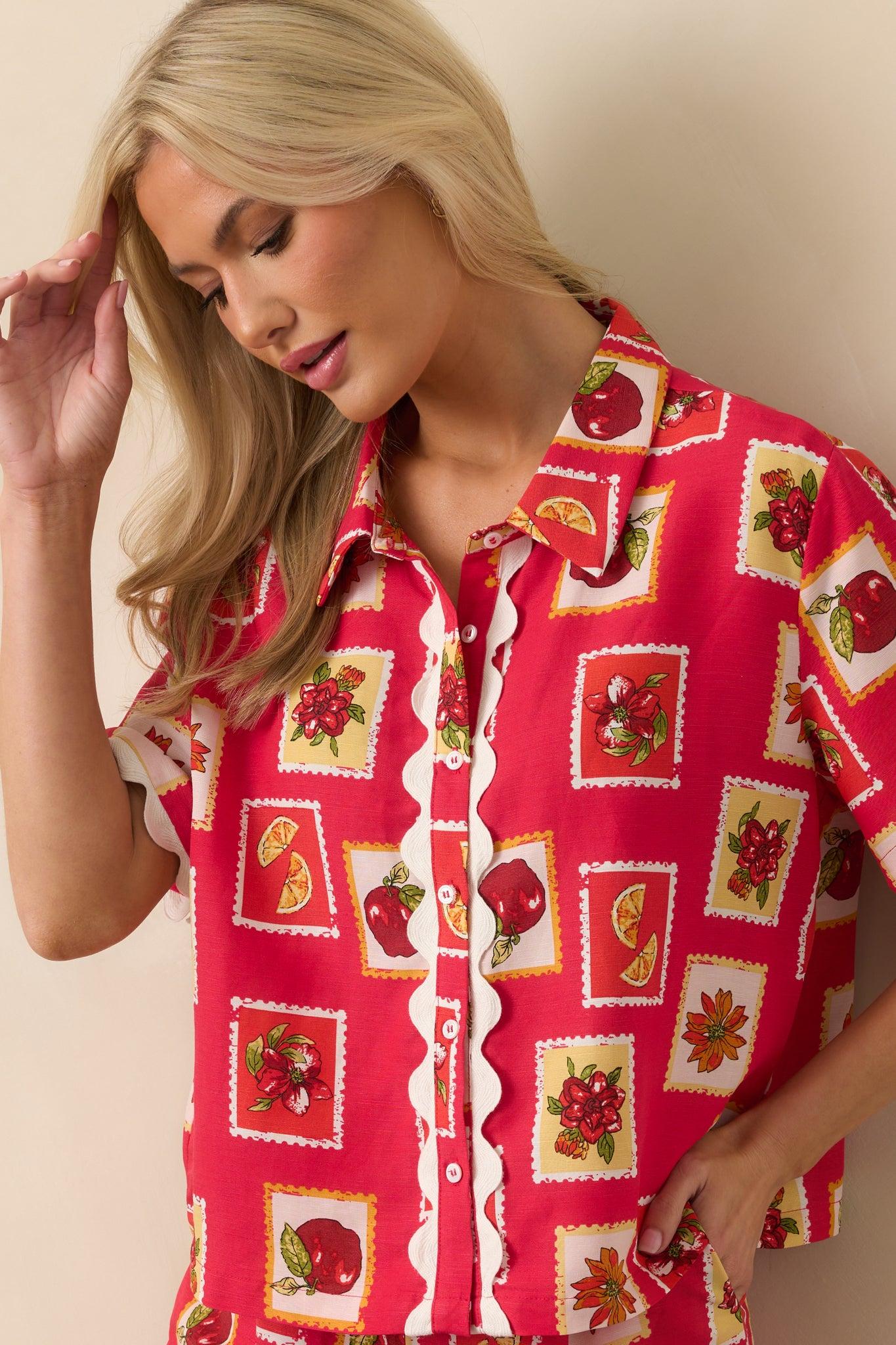 Peace Within Red Patchwork Print Linen Blend Button Front Top Product Image