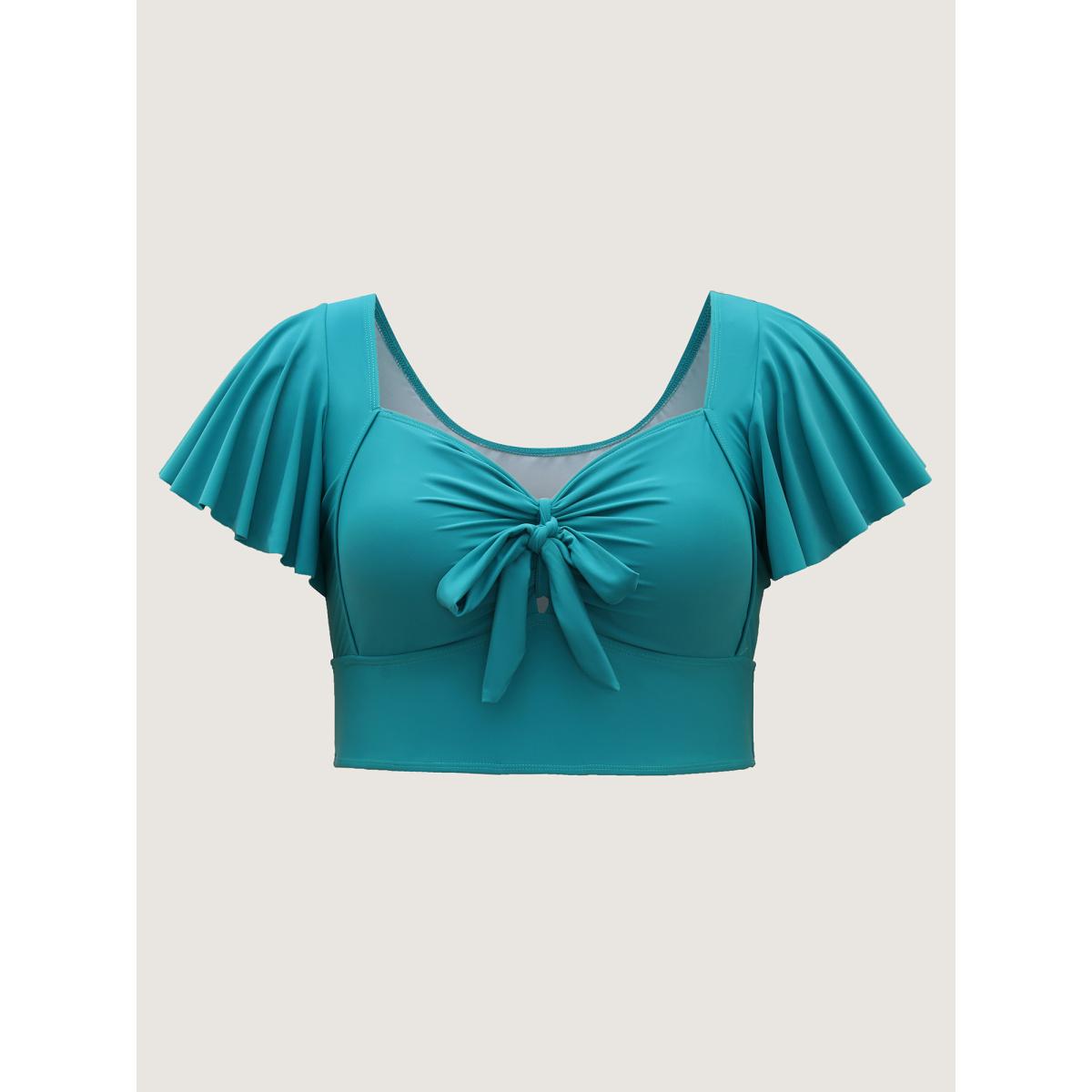 Plus Size Knotted Bodice Flared Sleeve Swim Top Women's Swimwear Teal Resort Tie knot High stretch Skinny Heart neckline Curve Swim Tops BloomChic 26/4X Product Image