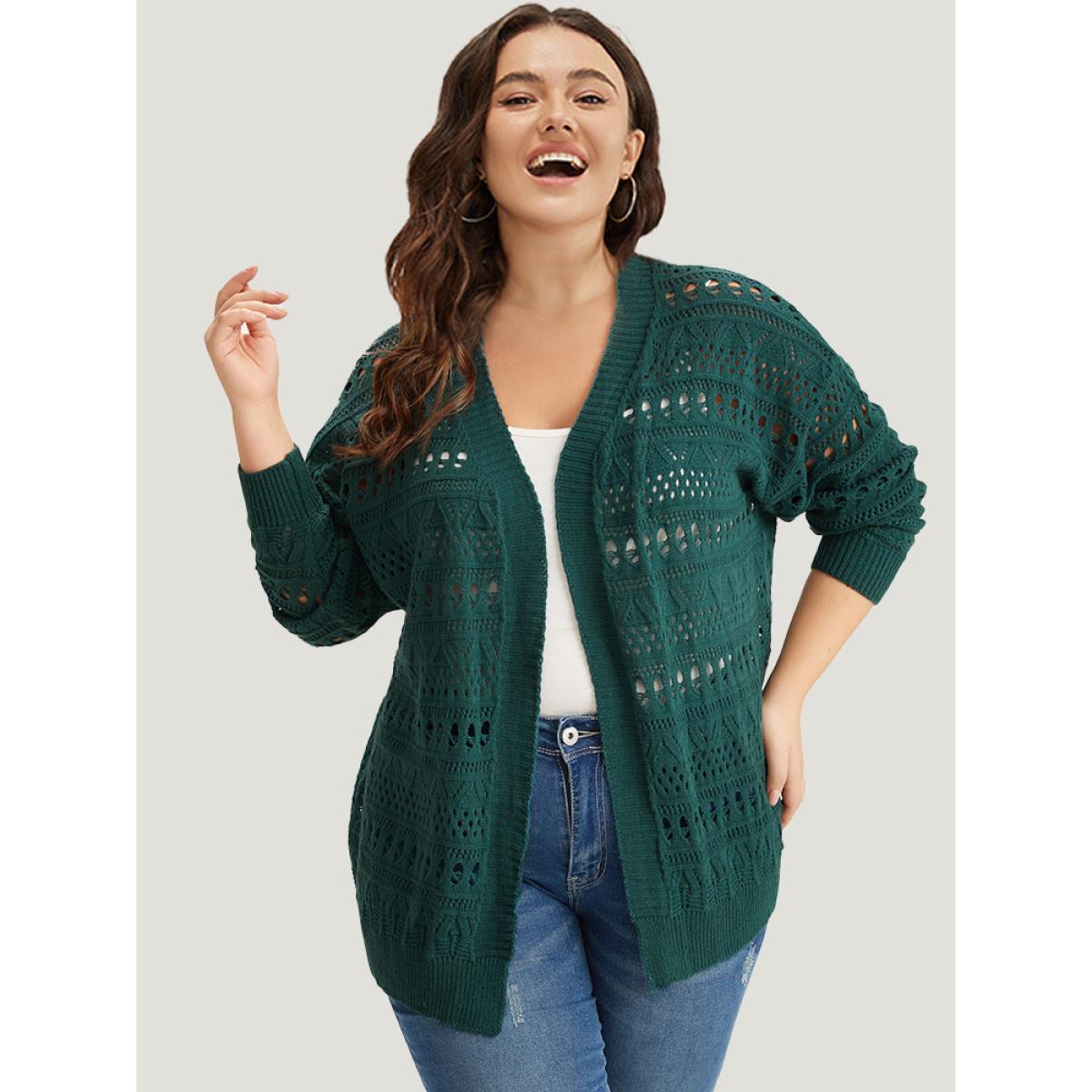 Plus Size Geometric Eyelet Open Front Loose Cardigan Cyan Women Casual Loose Long Sleeve Office Cardigans BloomChic 14-16/1X Product Image