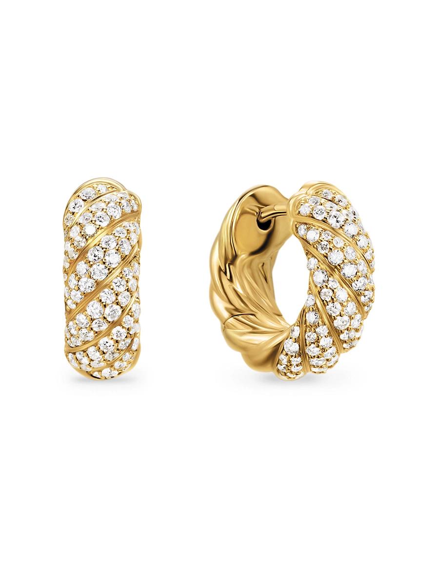Womens Sculpted Cable Hoop Earrings in 18K Yellow Gold with Diamonds, 14.4MM Product Image