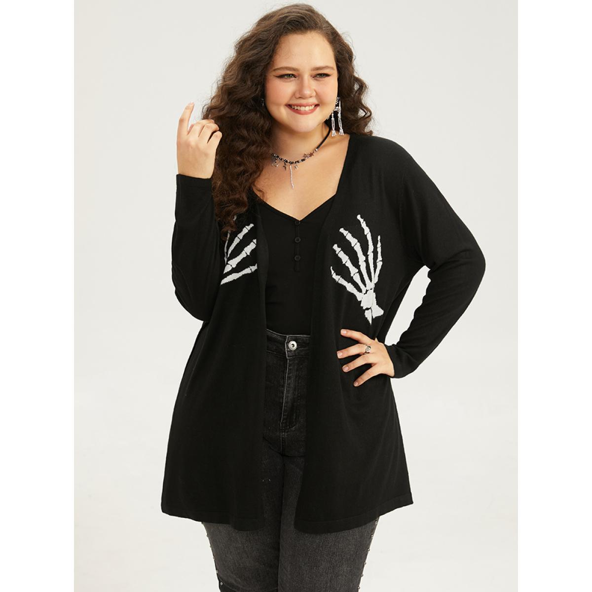 Plus Size Supersoft Essentials Halloween Skull Print Open Front Cardigan Black Women Casual Long Sleeve Festival-Halloween Cardigans BloomChic 10/M Product Image