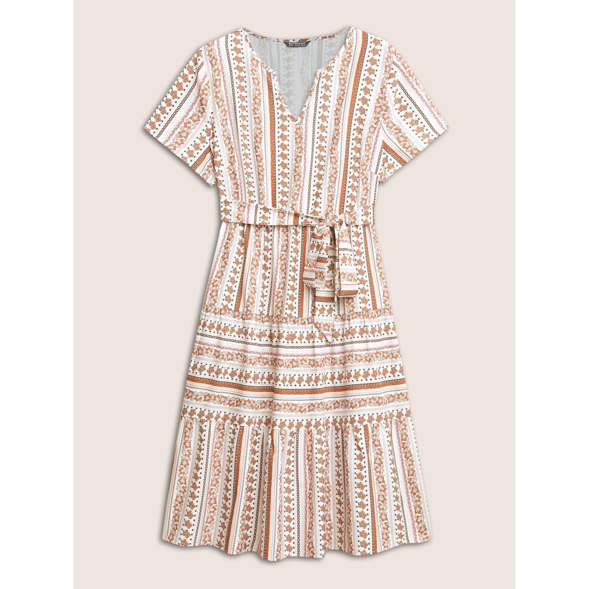 Plus Size Bandana Striped Print Notched Belted Dress Crepe Women Resort Non Notched collar Short sleeve Curvy Midi Dress BloomChic 18-20/2X Product Image