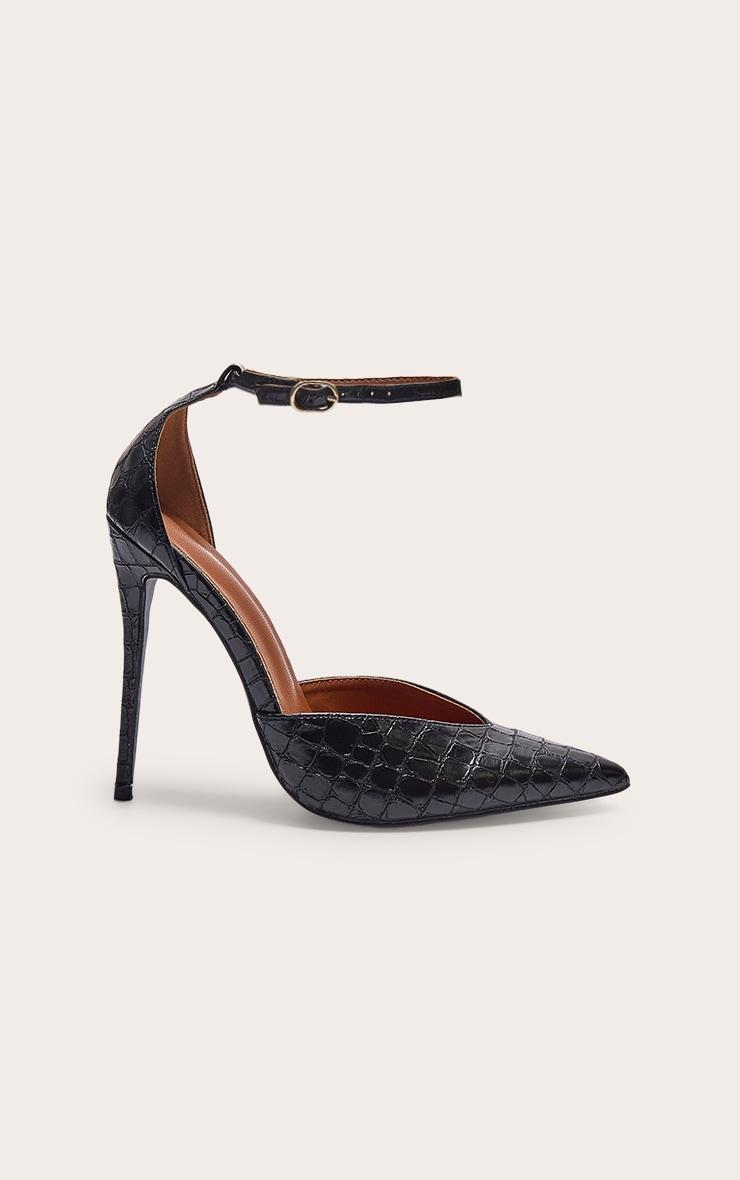 PLT Label Black Croc Faux Leather Point Toe High Heeled Court Shoes Product Image