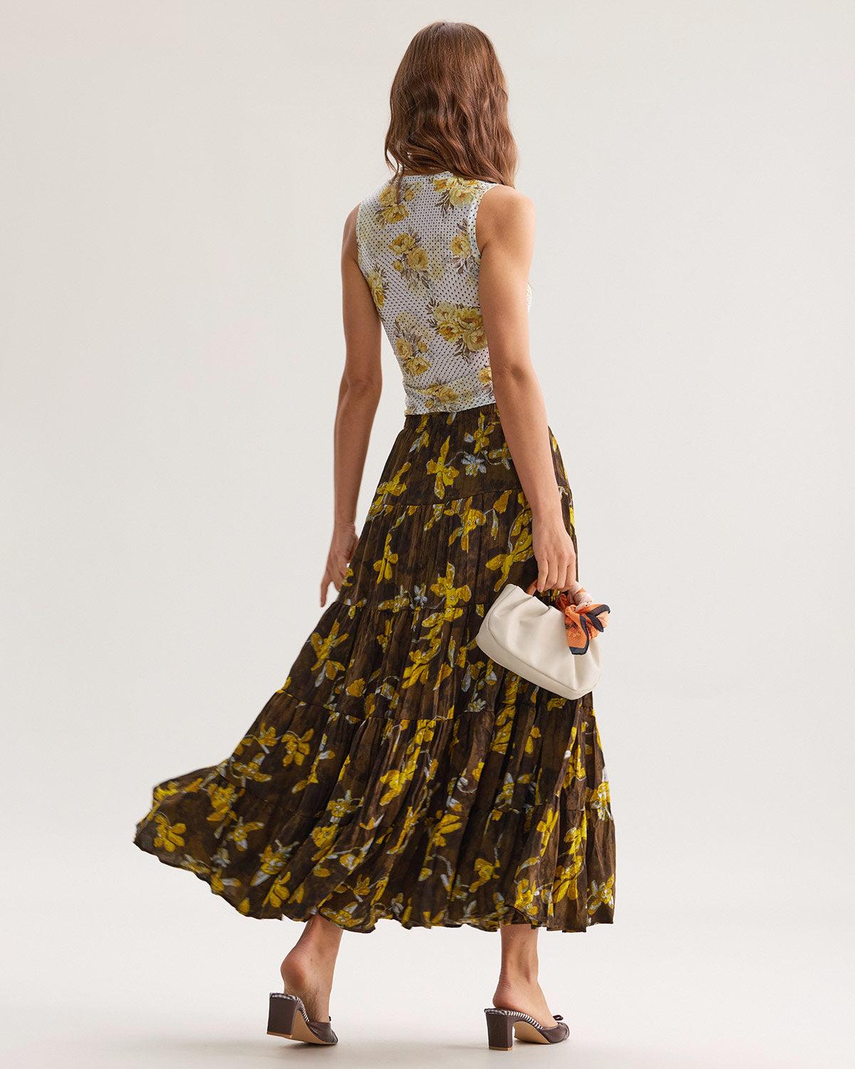 Yellow Floral Elastic Waist Midi Skirt Product Image