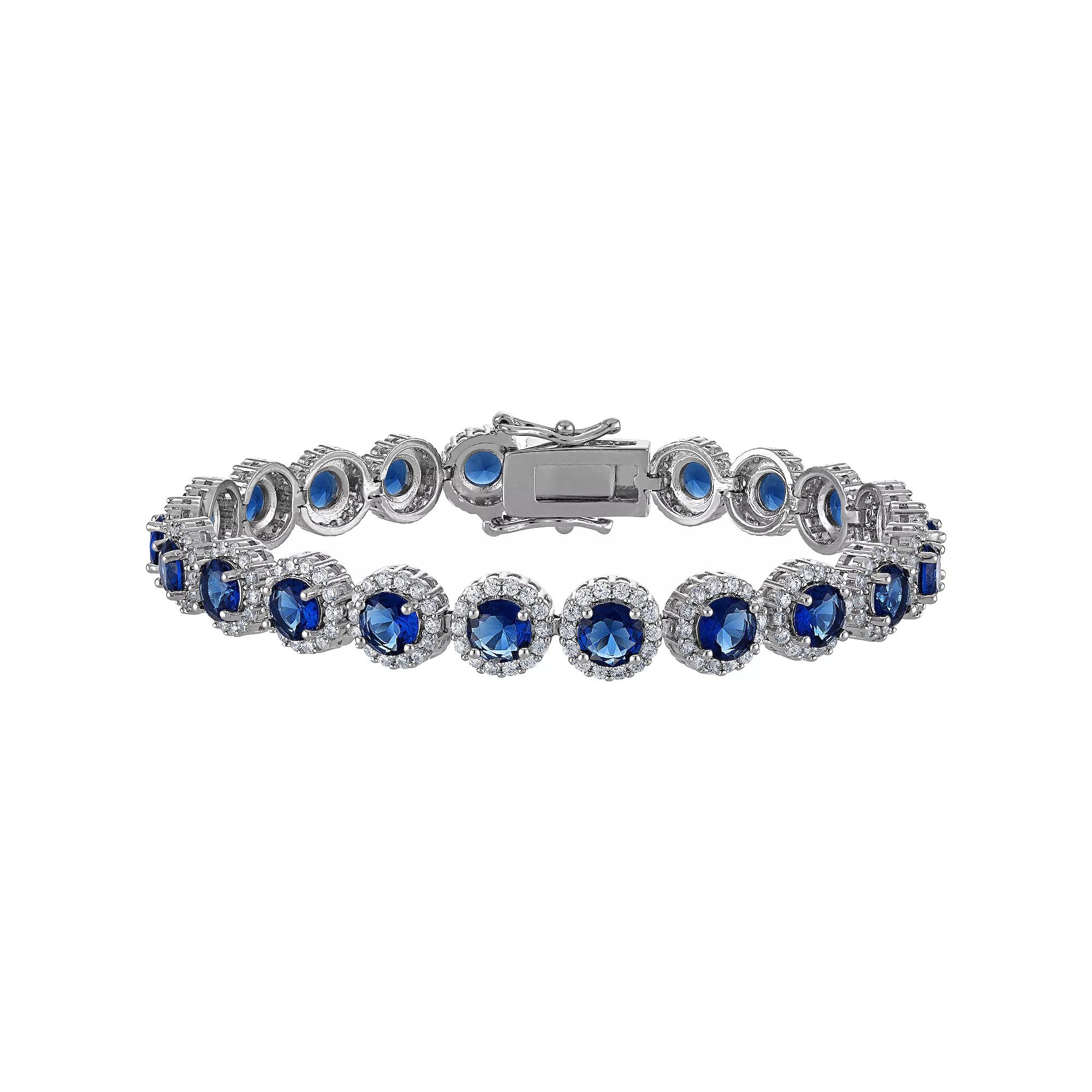 Ivy Sharpe Gold Plated Simulated Gemstone Halo Tennis Bracelet, Women's, Size: 7.25", Gold Tone Blue Product Image