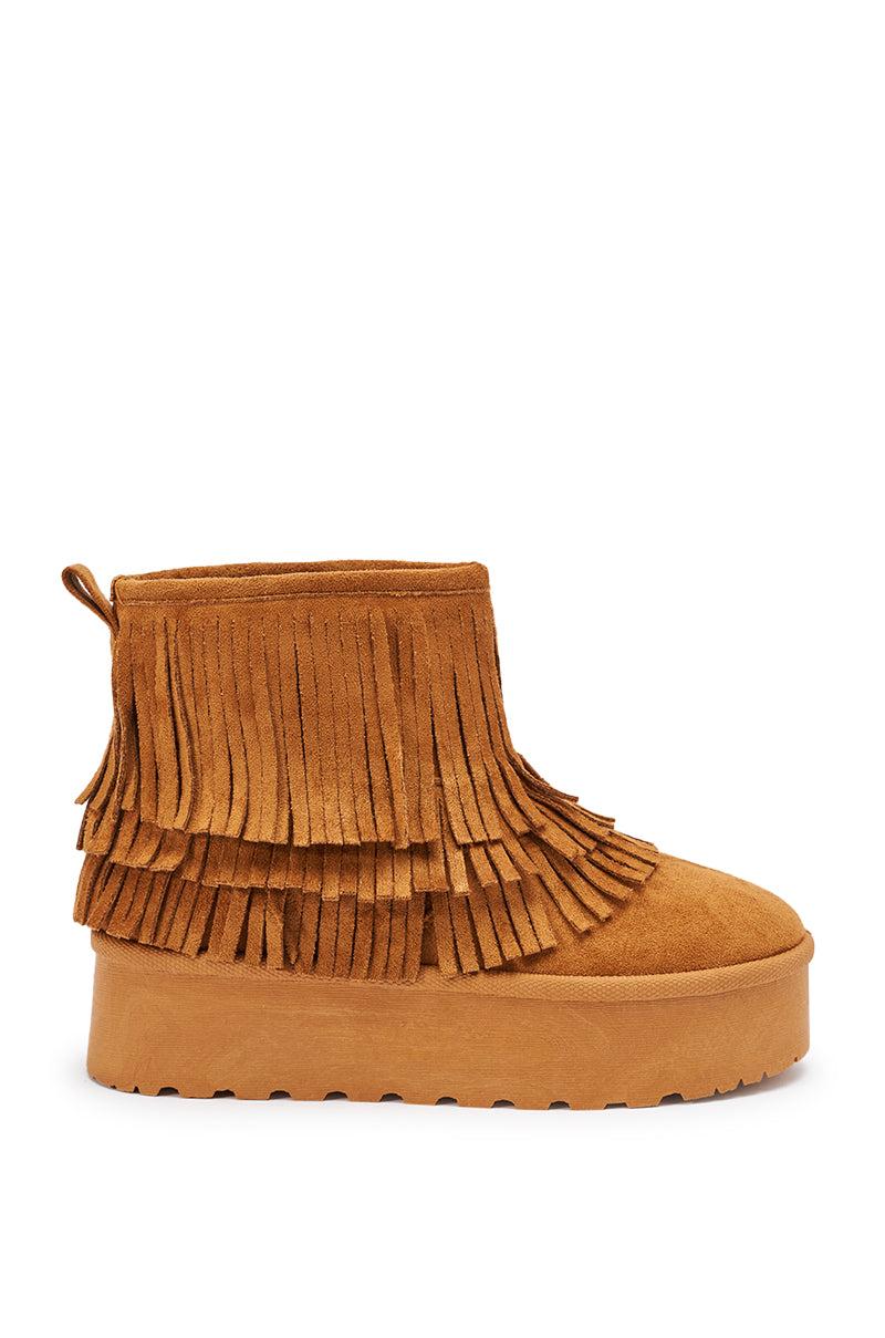 AKIRA BROWN FAUX SUEDE FRINGE BOOTIE Product Image