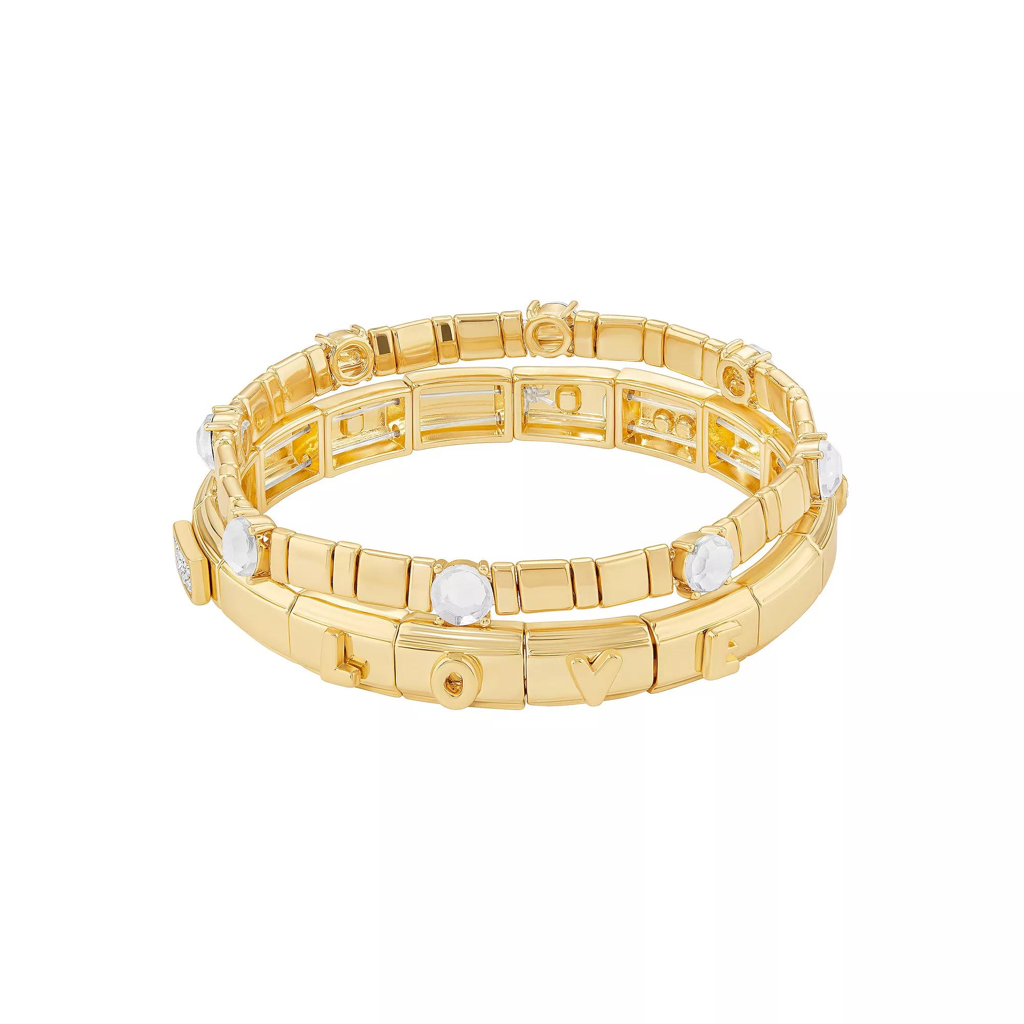 Brilliance Gold Tone Aqua Glass Stone Double Stretch Bracelet Duo Set, Women's, Gold Tone Team Product Image