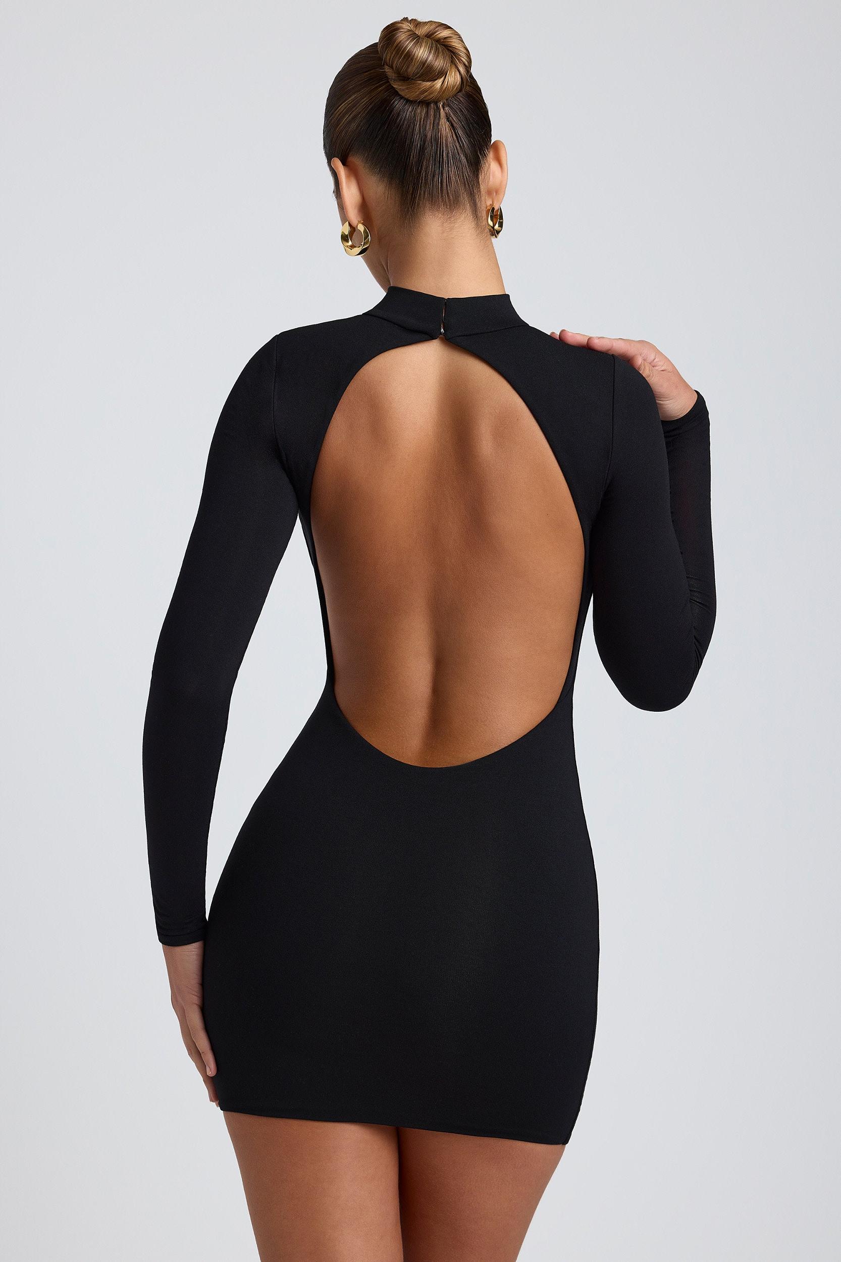 Modal Open-Back Long-Sleeve Mini Dress in Black Product Image
